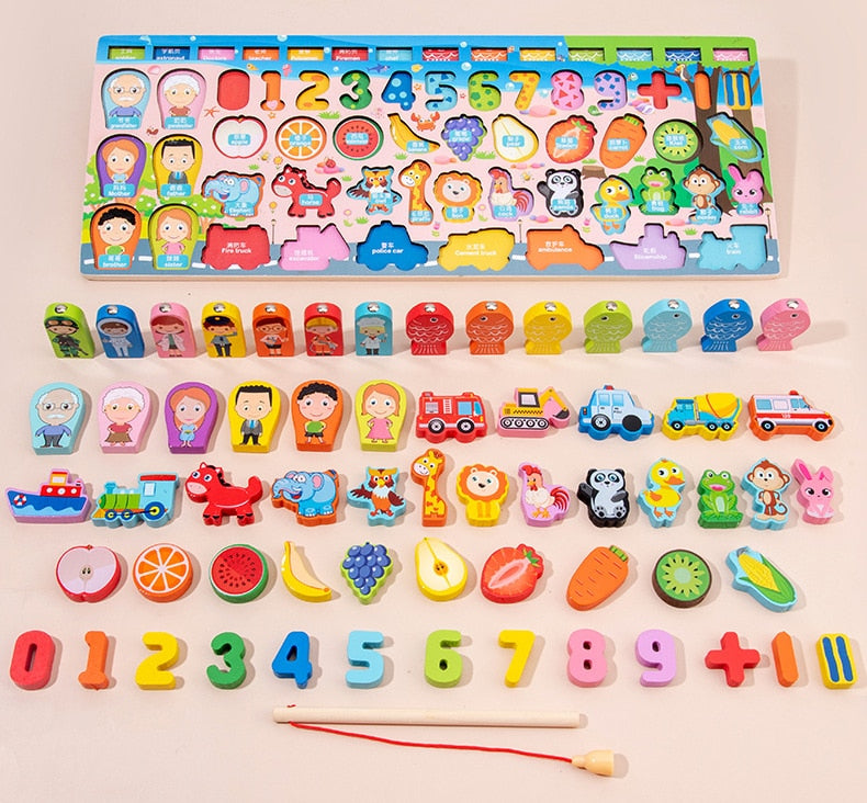 Montessori Educational Wooden Math Toys Children Busy Board Count Shape Colors Match Fishing Puzzle Learning Toys Gifts
