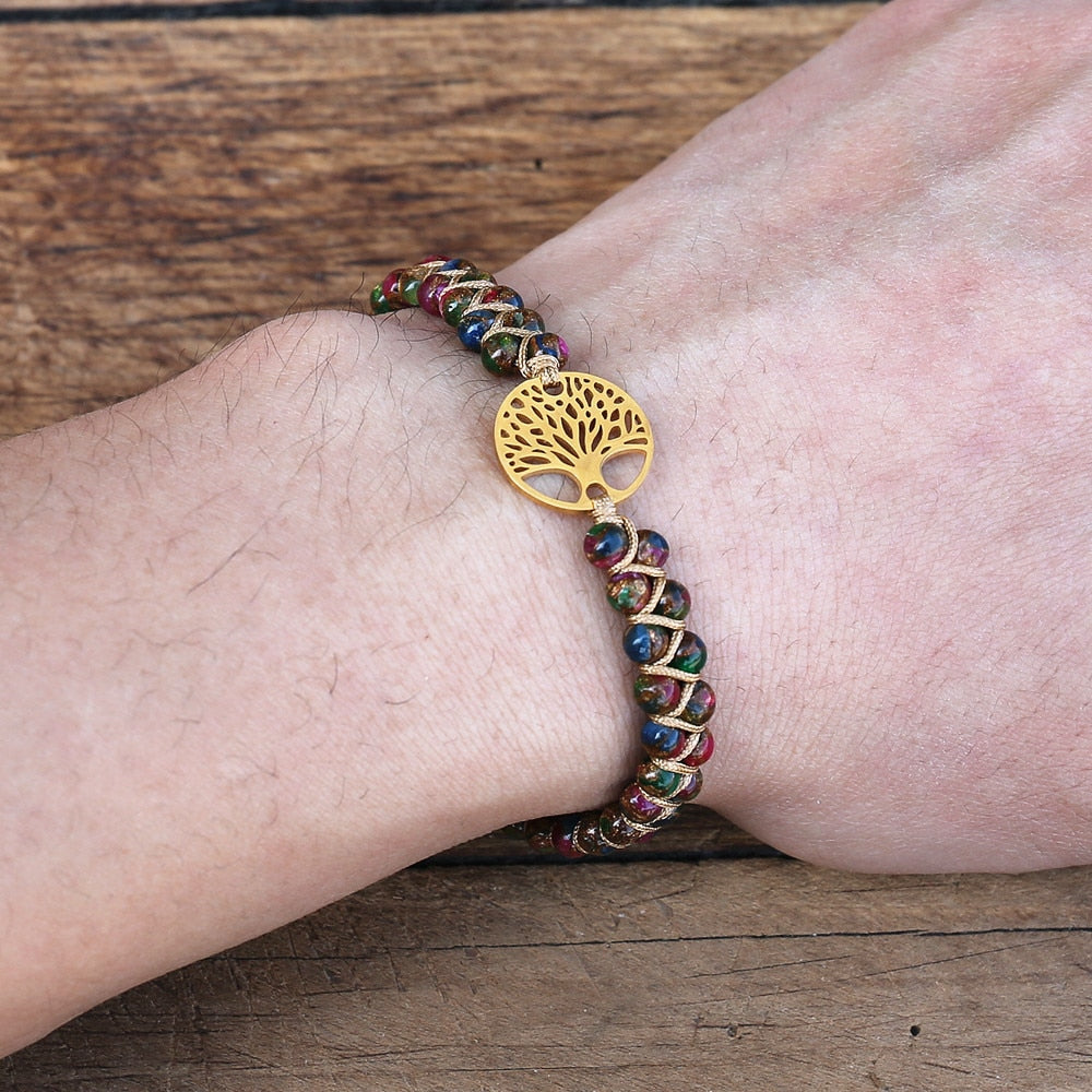 Handmade layer stone bracelet Beaded Boho Yoga Wrap Bracelet & Bangle Stainless Steel Tree of Life Braided Charm Bracelet