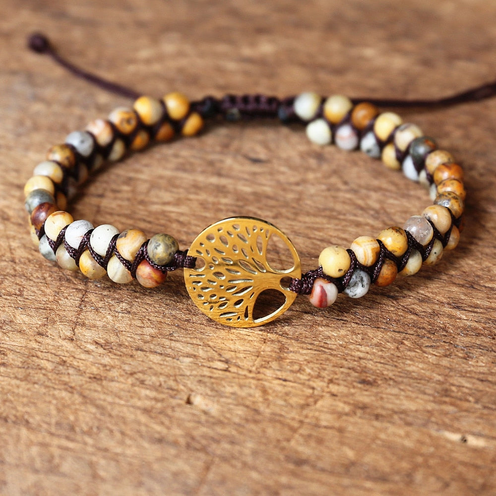 Handmade layer stone bracelet Beaded Boho Yoga Wrap Bracelet & Bangle Stainless Steel Tree of Life Braided Charm Bracelet