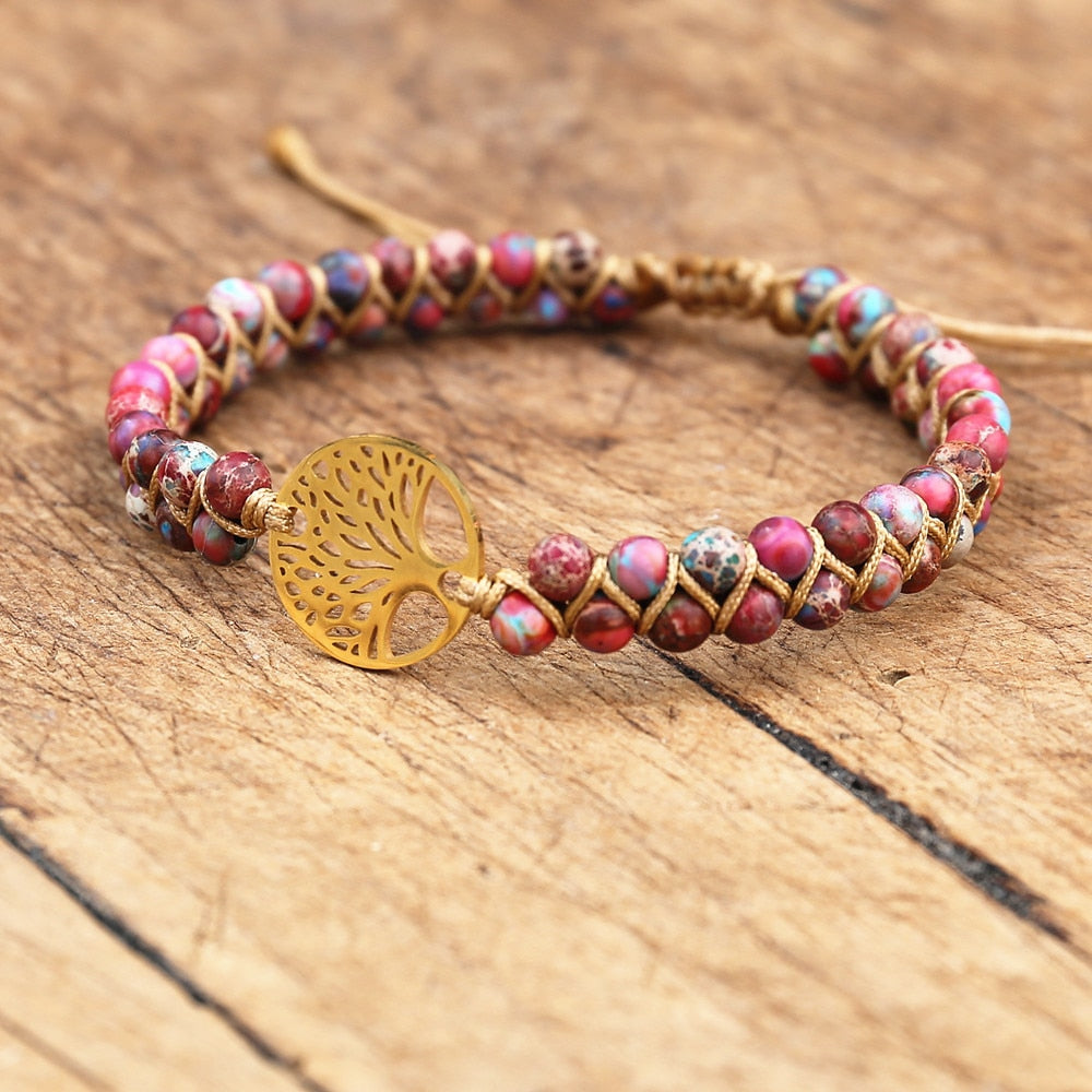 Handmade layer stone bracelet Beaded Boho Yoga Wrap Bracelet & Bangle Stainless Steel Tree of Life Braided Charm Bracelet