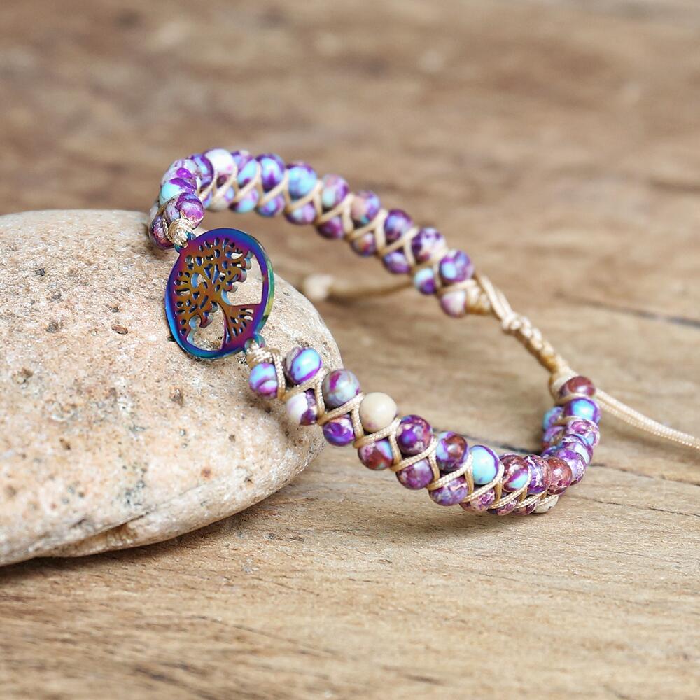 Handmade layer stone bracelet Beaded Boho Yoga Wrap Bracelet & Bangle Stainless Steel Tree of Life Braided Charm Bracelet