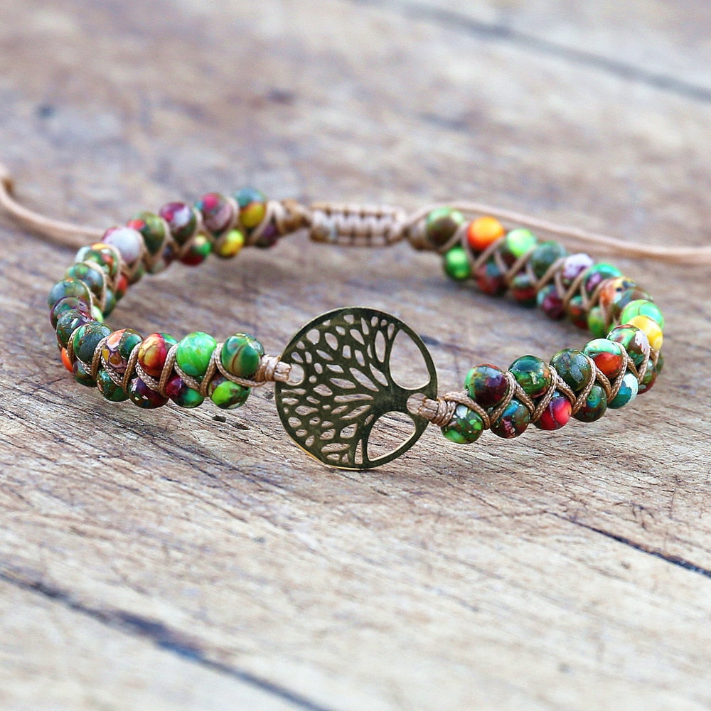 Handmade layer stone bracelet Beaded Boho Yoga Wrap Bracelet & Bangle Stainless Steel Tree of Life Braided Charm Bracelet