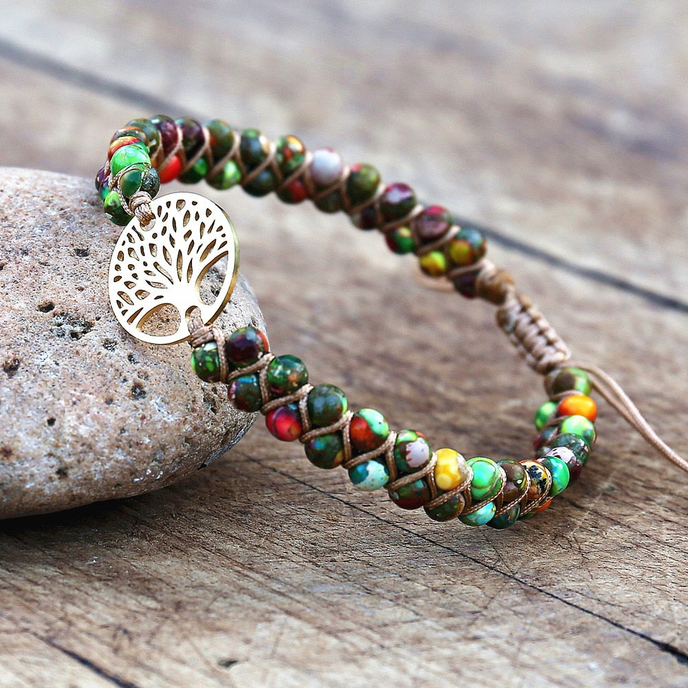 Handmade layer stone bracelet Beaded Boho Yoga Wrap Bracelet & Bangle Stainless Steel Tree of Life Braided Charm Bracelet