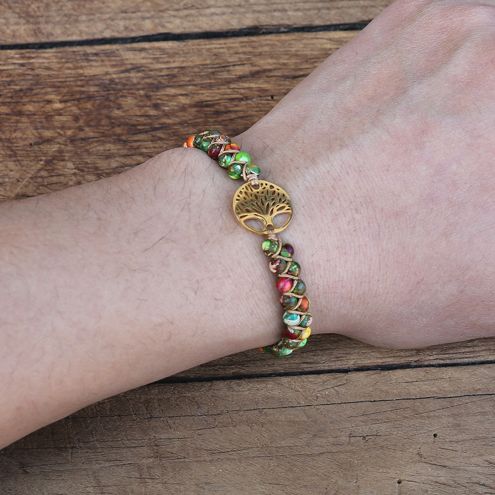 Handmade layer stone bracelet Beaded Boho Yoga Wrap Bracelet & Bangle Stainless Steel Tree of Life Braided Charm Bracelet