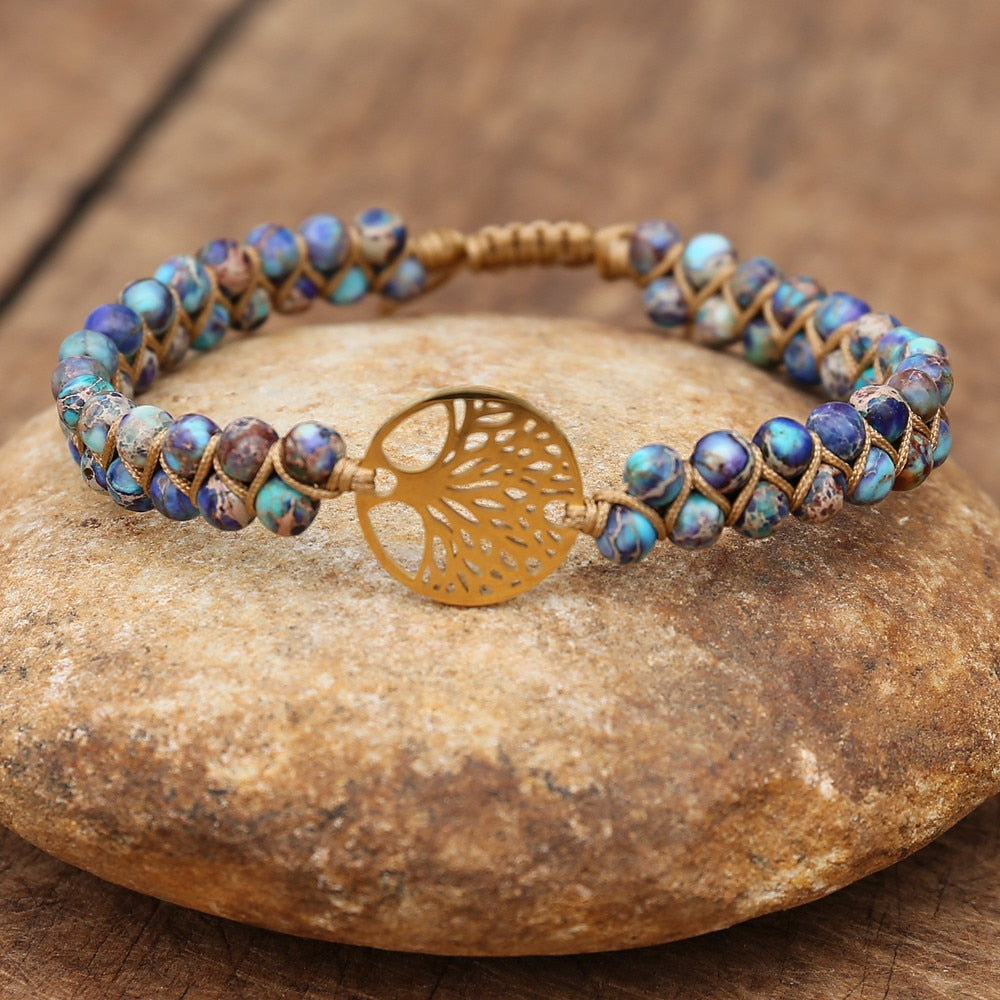 Handmade layer stone bracelet Beaded Boho Yoga Wrap Bracelet & Bangle Stainless Steel Tree of Life Braided Charm Bracelet