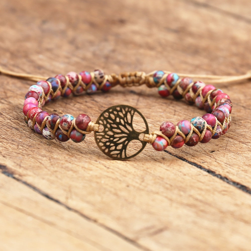 Handmade layer stone bracelet Beaded Boho Yoga Wrap Bracelet & Bangle Stainless Steel Tree of Life Braided Charm Bracelet