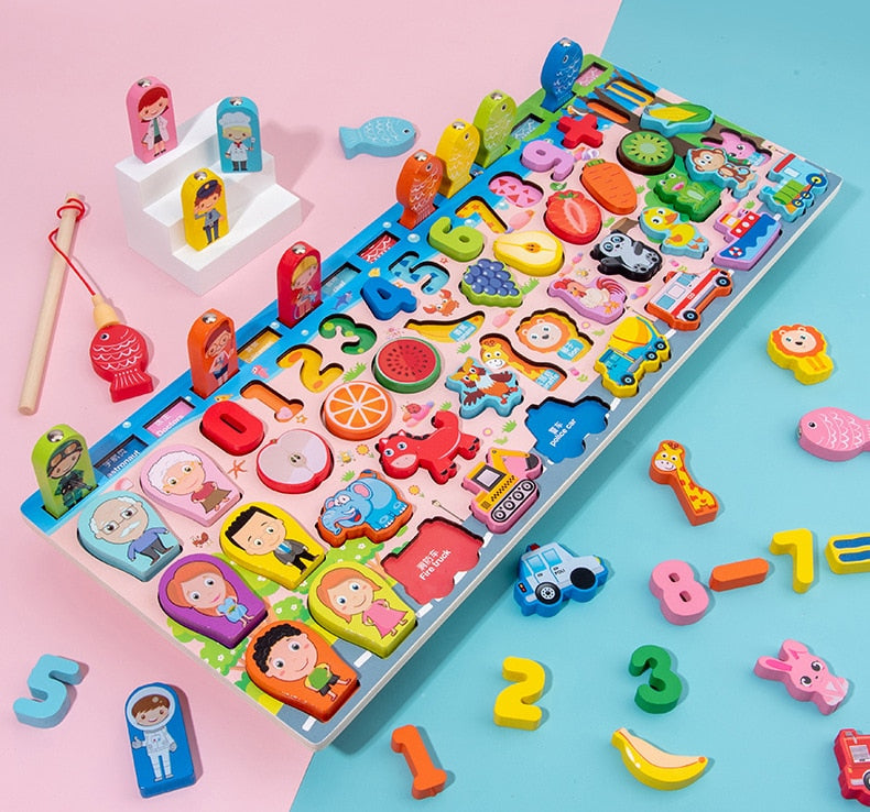 Montessori Educational Wooden Math Toys Children Busy Board Count Shape Colors Match Fishing Puzzle Learning Toys Gifts