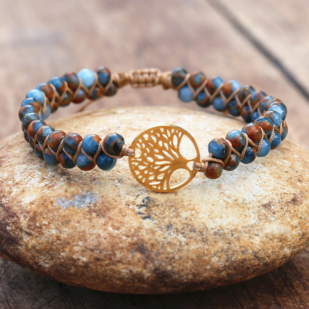 Handmade layer stone bracelet Beaded Boho Yoga Wrap Bracelet & Bangle Stainless Steel Tree of Life Braided Charm Bracelet