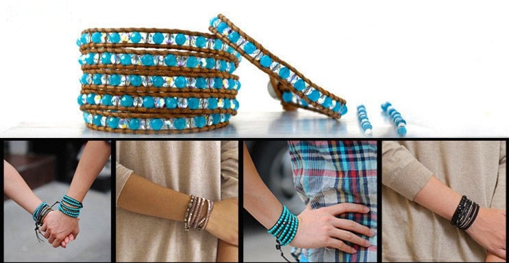 Handmade layer stone bracelet Beaded Boho Yoga Wrap Bracelet & Bangle Stainless Steel Tree of Life Braided Charm Bracelet