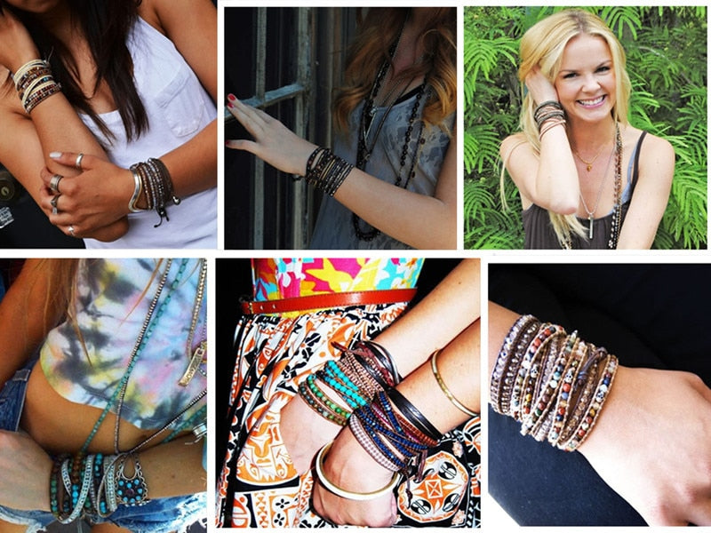Handmade layer stone bracelet Beaded Boho Yoga Wrap Bracelet & Bangle Stainless Steel Tree of Life Braided Charm Bracelet