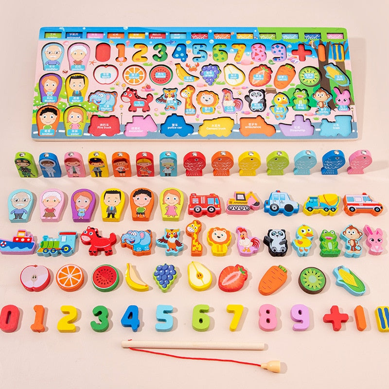 Montessori Educational Wooden Math Toys Children Busy Board Count Shape Colors Match Fishing Puzzle Learning Toys Gifts