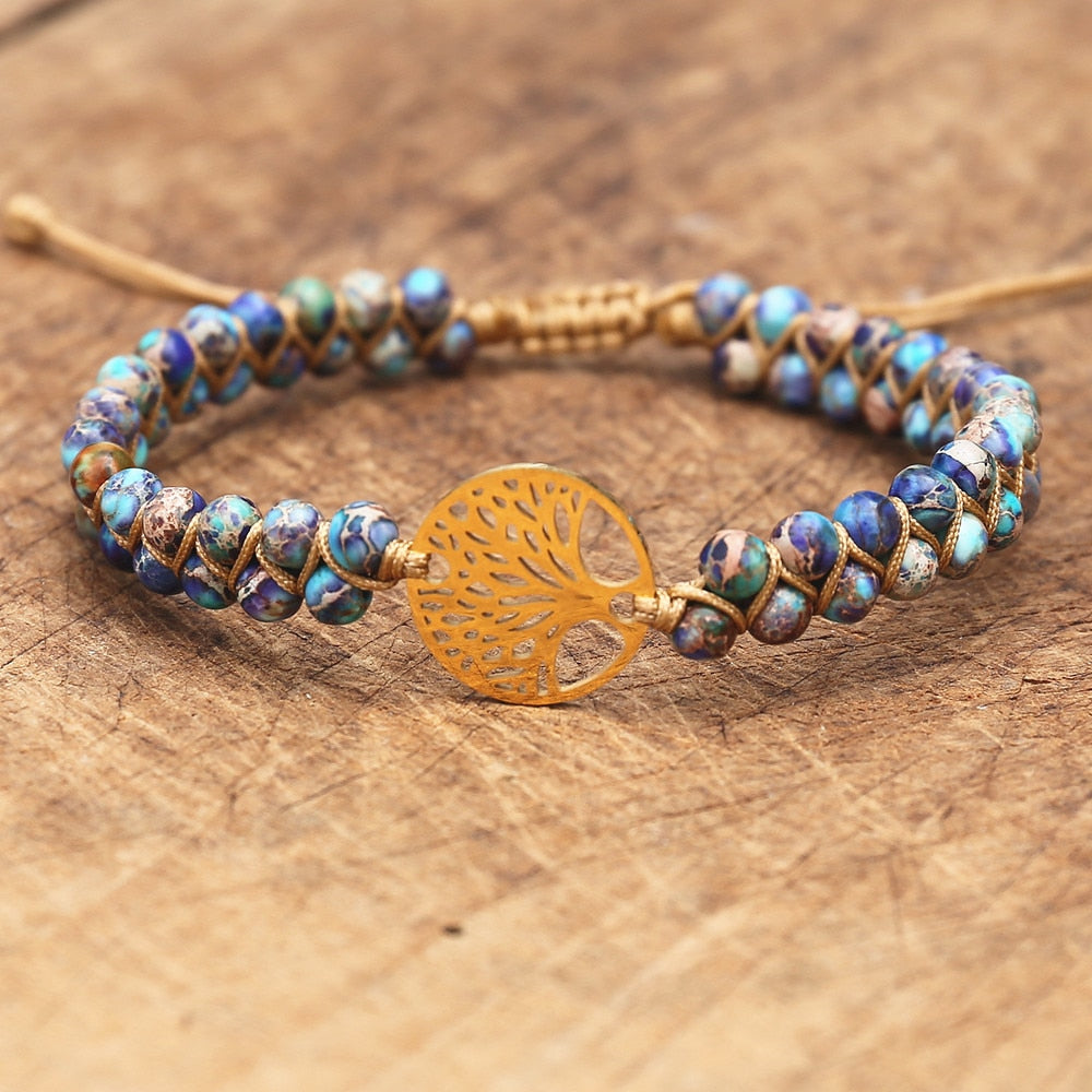 Handmade layer stone bracelet Beaded Boho Yoga Wrap Bracelet & Bangle Stainless Steel Tree of Life Braided Charm Bracelet