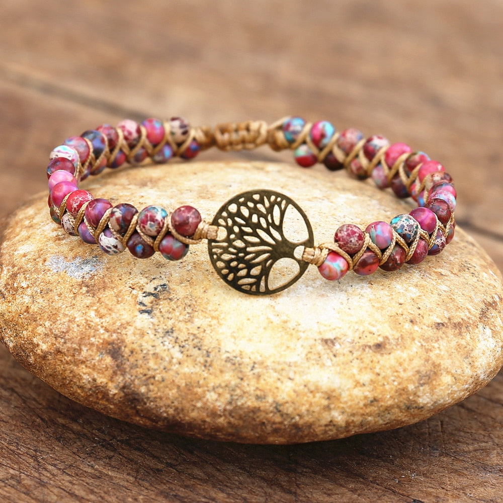 Handmade layer stone bracelet Beaded Boho Yoga Wrap Bracelet & Bangle Stainless Steel Tree of Life Braided Charm Bracelet