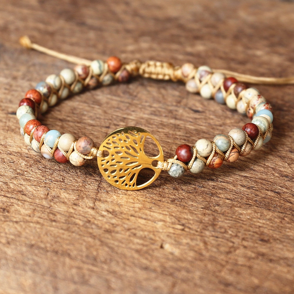 Handmade layer stone bracelet Beaded Boho Yoga Wrap Bracelet & Bangle Stainless Steel Tree of Life Braided Charm Bracelet