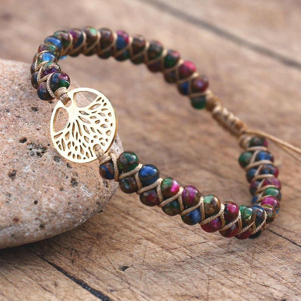 Handmade layer stone bracelet Beaded Boho Yoga Wrap Bracelet & Bangle Stainless Steel Tree of Life Braided Charm Bracelet