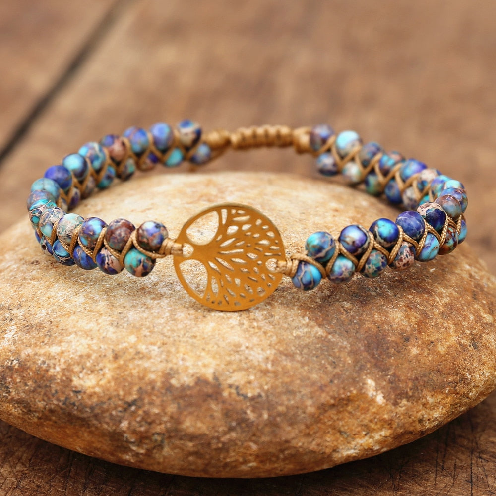 Handmade layer stone bracelet Beaded Boho Yoga Wrap Bracelet & Bangle Stainless Steel Tree of Life Braided Charm Bracelet