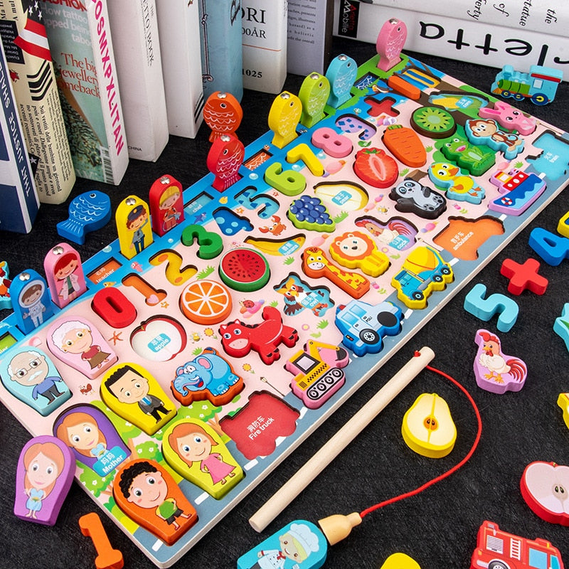 Montessori Educational Wooden Math Toys Children Busy Board Count Shape Colors Match Fishing Puzzle Learning Toys Gifts