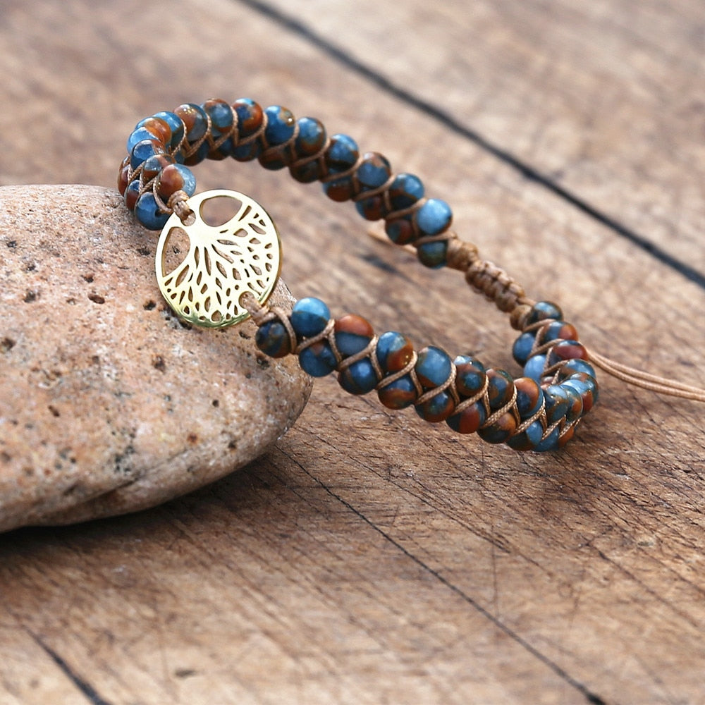 Handmade layer stone bracelet Beaded Boho Yoga Wrap Bracelet & Bangle Stainless Steel Tree of Life Braided Charm Bracelet