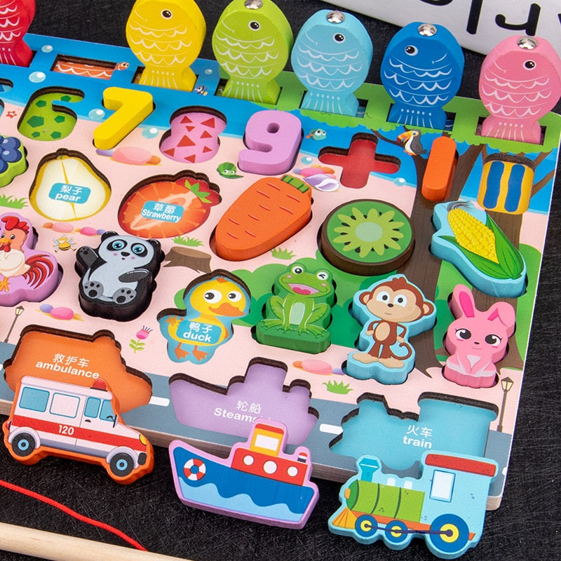 Montessori Educational Wooden Math Toys Children Busy Board Count Shape Colors Match Fishing Puzzle Learning Toys Gifts