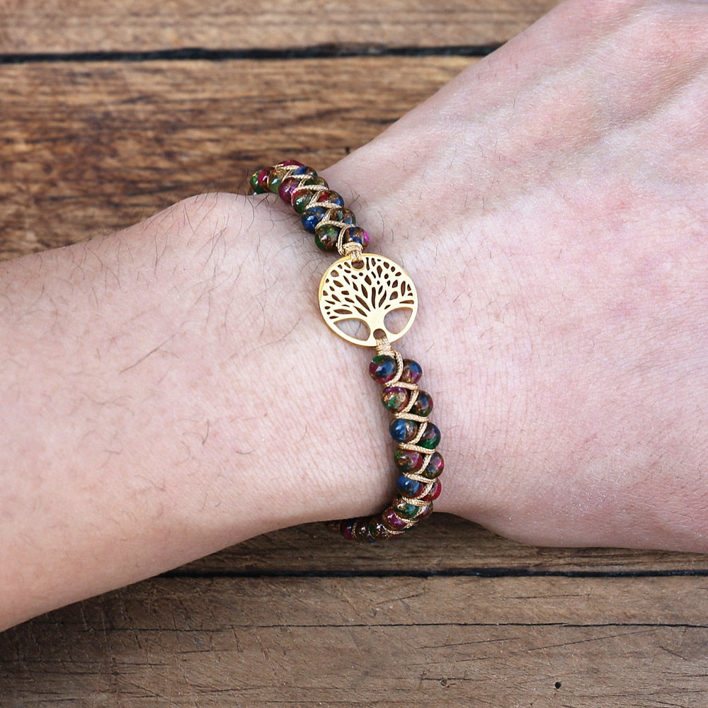 Handmade layer stone bracelet Beaded Boho Yoga Wrap Bracelet & Bangle Stainless Steel Tree of Life Braided Charm Bracelet
