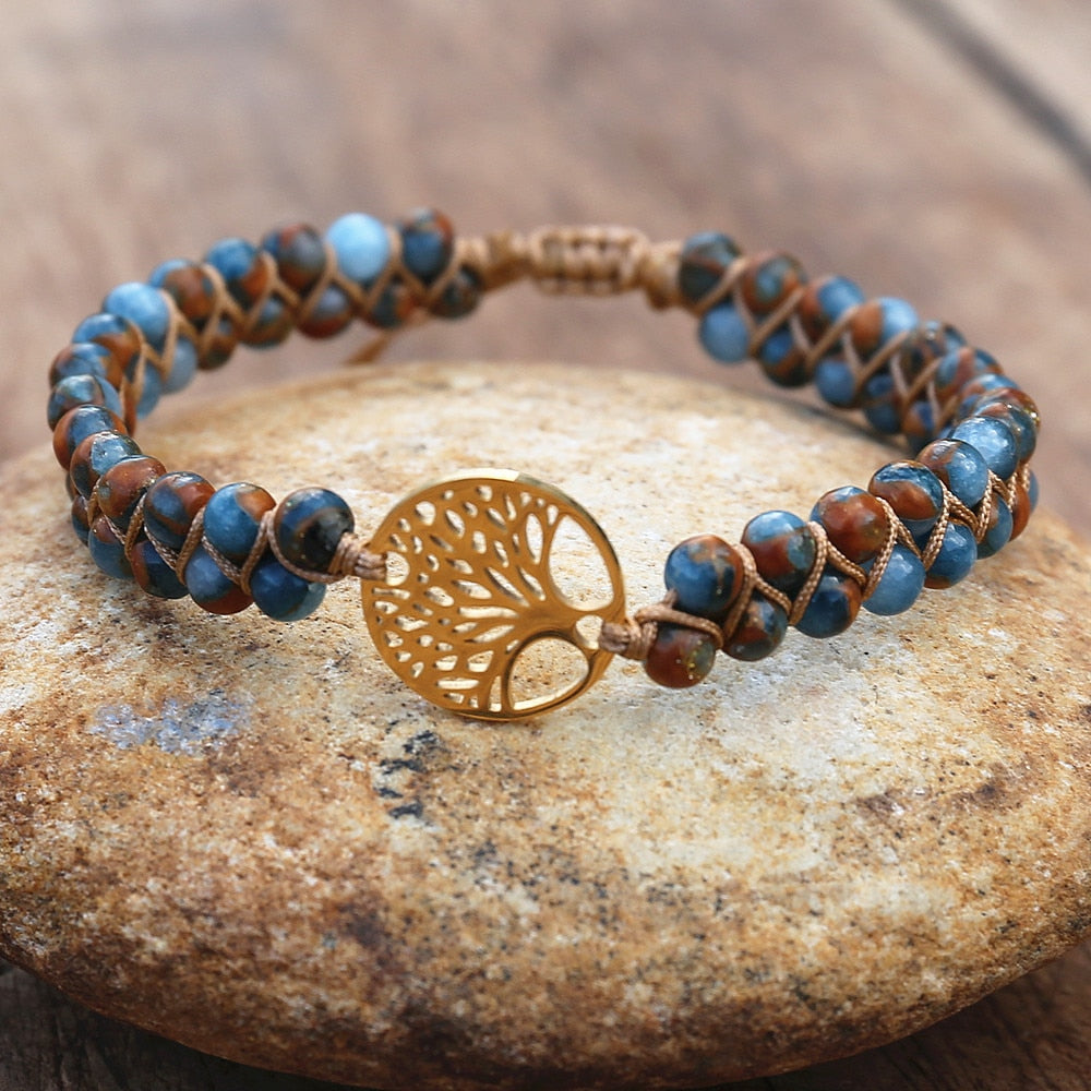 Handmade layer stone bracelet Beaded Boho Yoga Wrap Bracelet & Bangle Stainless Steel Tree of Life Braided Charm Bracelet