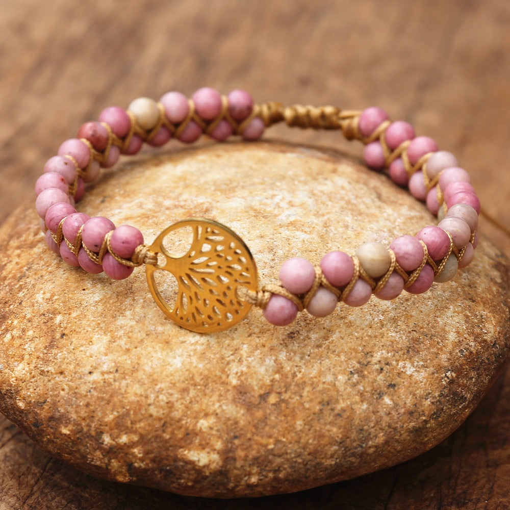 Handmade layer stone bracelet Beaded Boho Yoga Wrap Bracelet & Bangle Stainless Steel Tree of Life Braided Charm Bracelet