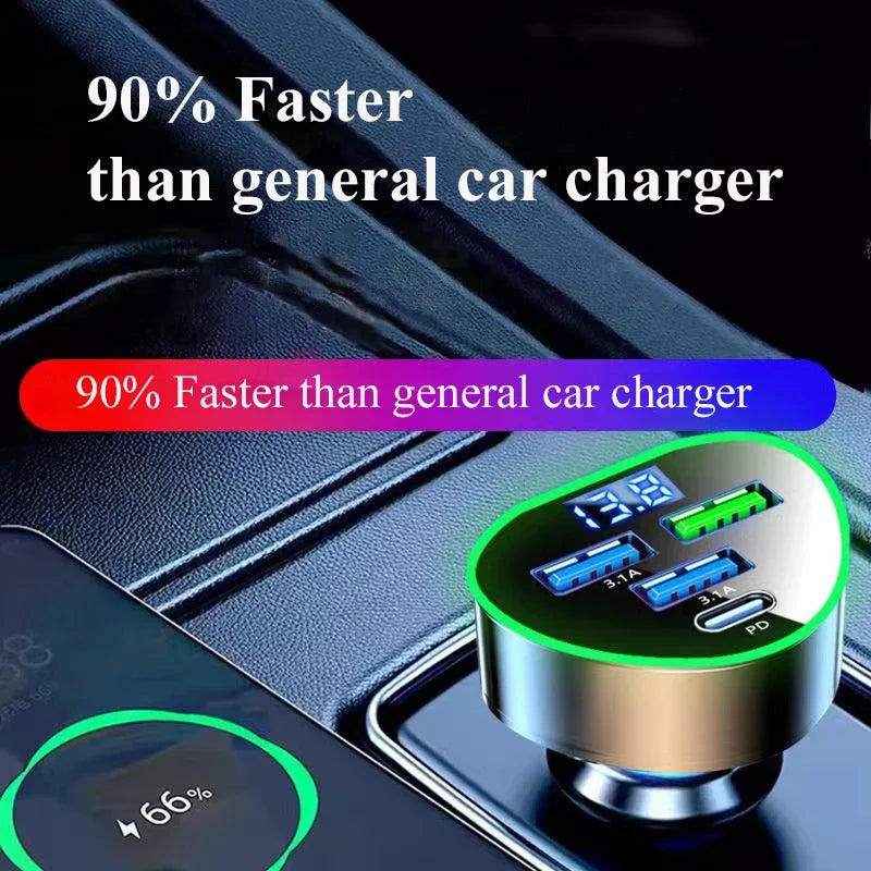 Car Phone Charger USB Type C Super Fast Charge in Car with LED Voltage Monitor