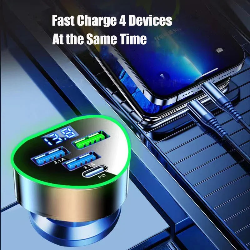 Car Phone Charger USB Type C Super Fast Charge in Car with LED Voltage Monitor