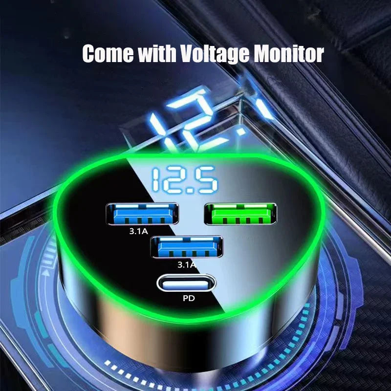 Car Phone Charger USB Type C Super Fast Charge in Car with LED Voltage Monitor