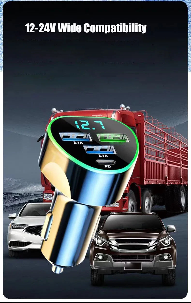 Car Phone Charger USB Type C Super Fast Charge in Car with LED Voltage Monitor