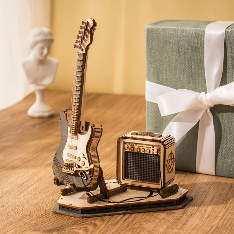 Electric Guitar 3D Wooden Puzzle for Kids Adults Assembly Creative Toys Building Block Set for Christmas Gifts