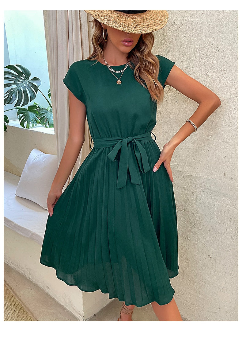 Elegant Women Summer Casual Beach Sundress Short Sleeve Pleated Midi Dress Soild Colour O Neck Tunic Dresses Fashion