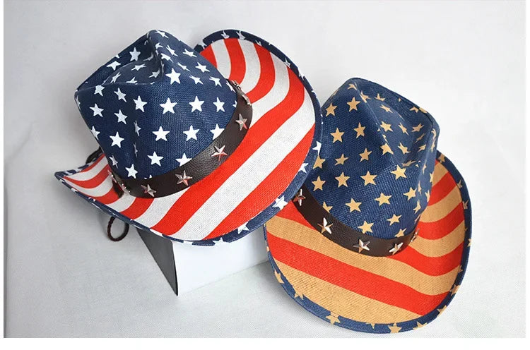 American Flag Cowboy Hats For Men Wide Brim Usa Cowgirl Chapeau Homme Cap Usa Flag Straw Cowboy Hat