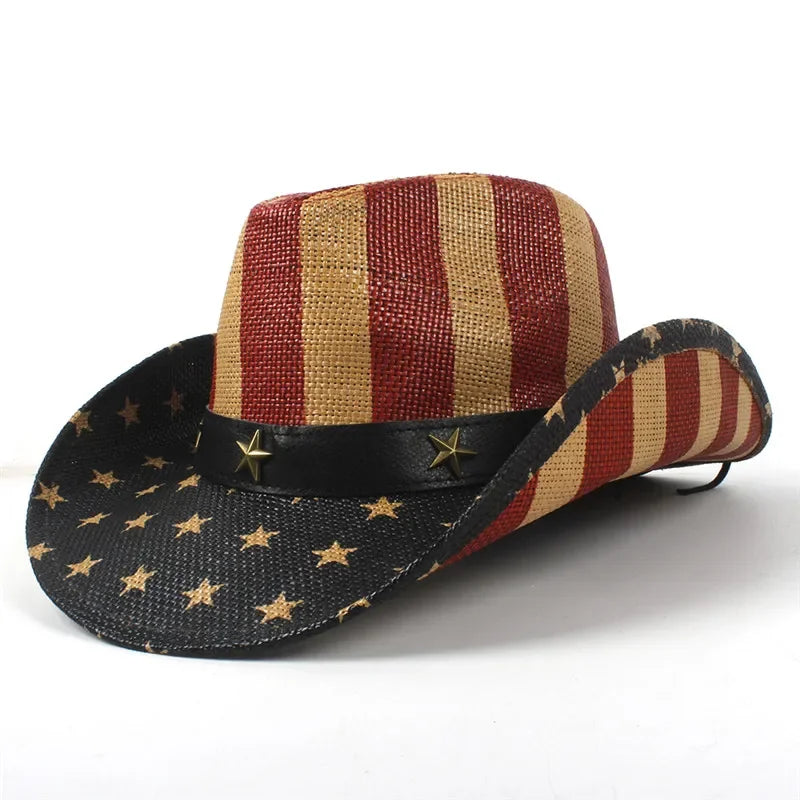American Flag Cowboy Hats For Men Wide Brim Usa Cowgirl Chapeau Homme Cap Usa Flag Straw Cowboy Hat