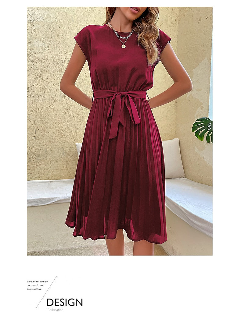 Elegant Women Summer Casual Beach Sundress Short Sleeve Pleated Midi Dress Soild Colour O Neck Tunic Dresses Fashion