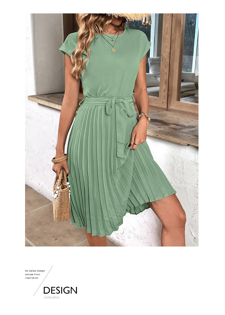 Elegant Women Summer Casual Beach Sundress Short Sleeve Pleated Midi Dress Soild Colour O Neck Tunic Dresses Fashion
