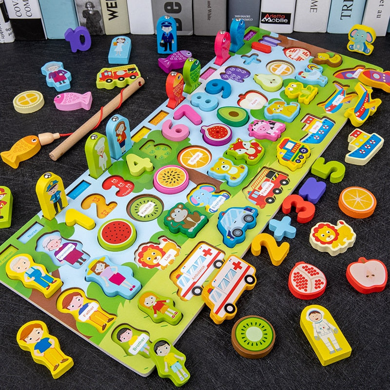Montessori Educational Wooden Math Toys Children Busy Board Count Shape Colors Match Fishing Puzzle Learning Toys Gifts
