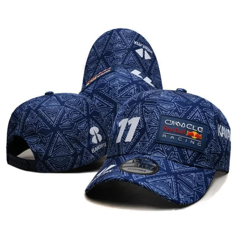 Blue patterned baseball caps with Red Bull branding on a white background