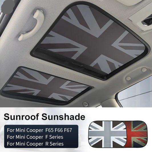 Car sunroof sunshade with Union Jack design on a car interior background