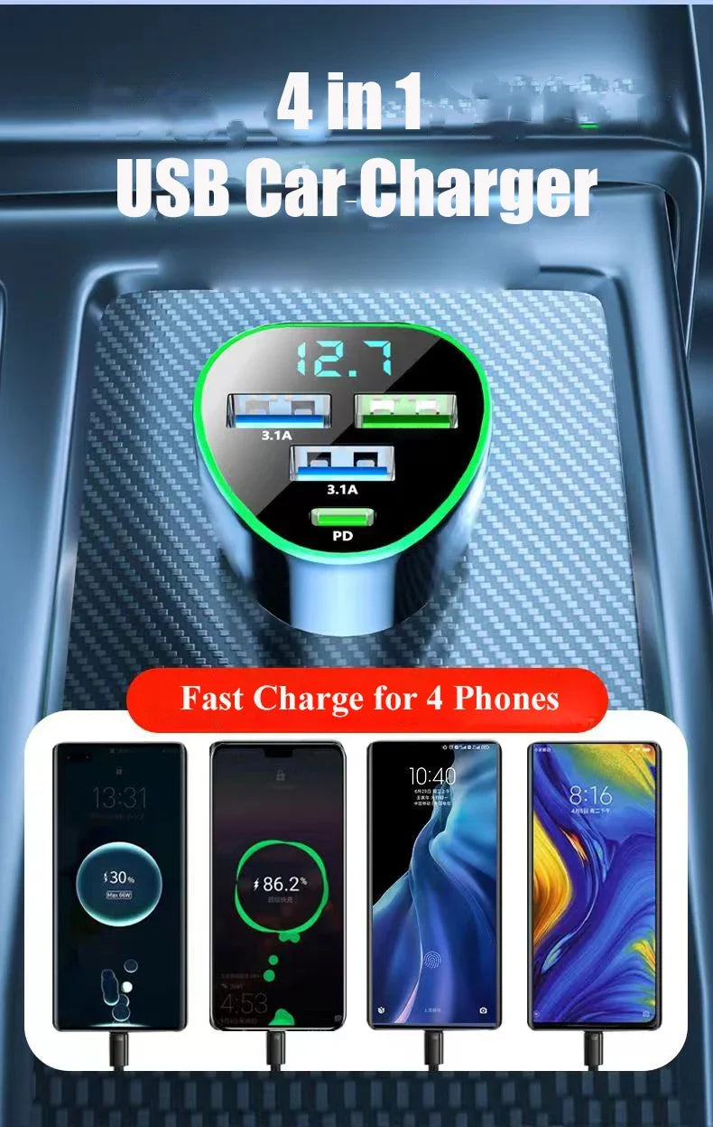 Car Phone Charger USB Type C Super Fast Charge in Car with LED Voltage Monitor