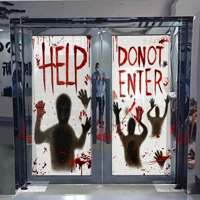 Halloween Window Door Decoration Window Clings Door Posters with Scary Bloody Handprints for Halloween Haunted House Party Decor