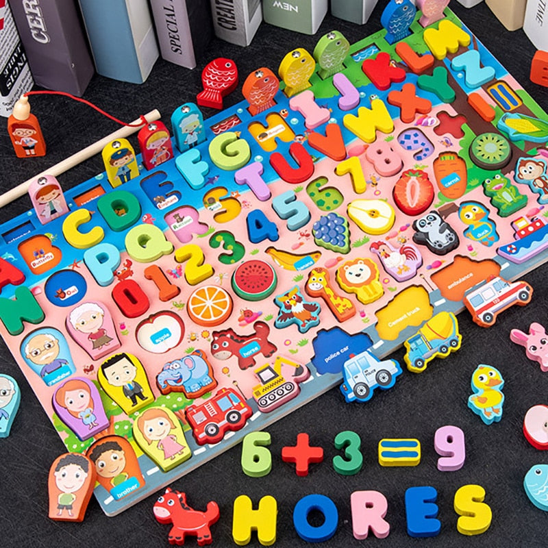 Montessori Educational Wooden Math Toys Children Busy Board Count Shape Colors Match Fishing Puzzle Learning Toys Gifts