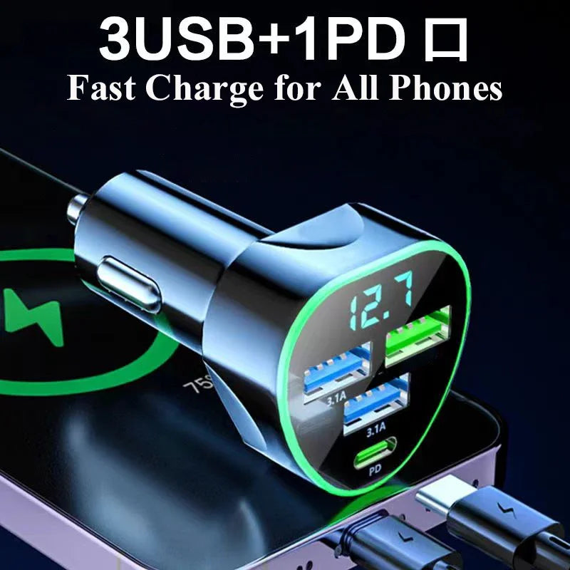Car Phone Charger USB Type C Super Fast Charge in Car with LED Voltage Monitor