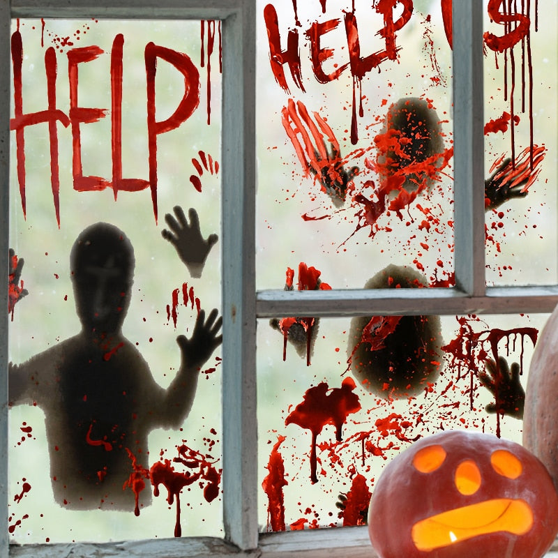 Halloween Window Door Decoration Window Clings Door Posters with Scary Bloody Handprints for Halloween Haunted House Party Decor