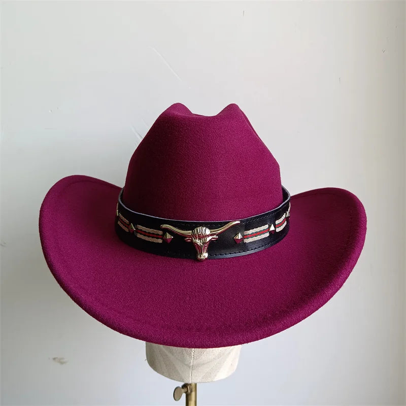 Cowboy Hat Fashion Chic Unisex Solid Color Jazz Hat With Bull Shaped Decor Western Cowboy Hats