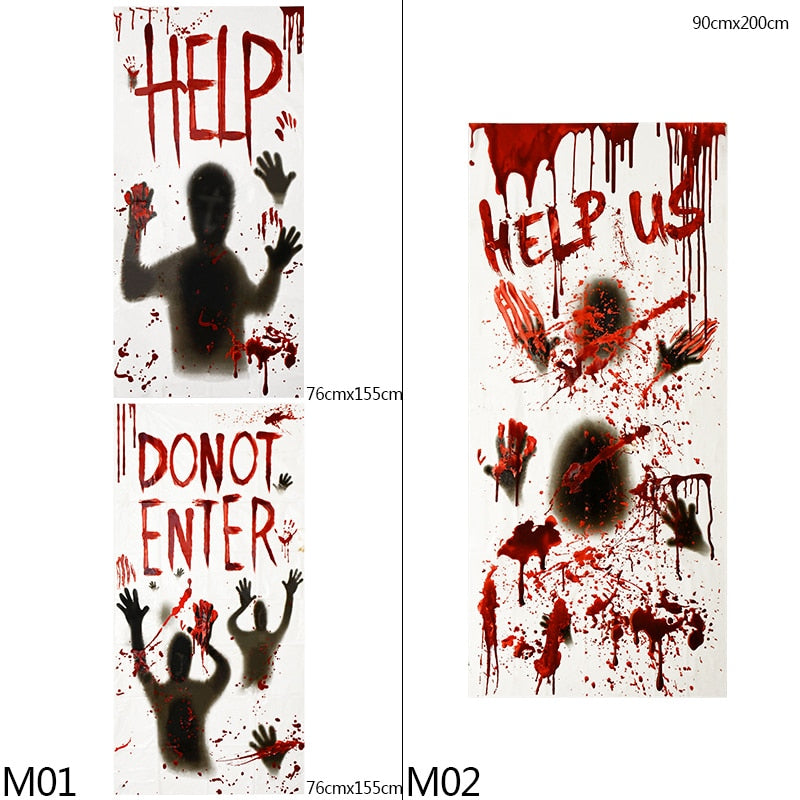 Halloween Window Door Decoration Window Clings Door Posters with Scary Bloody Handprints for Halloween Haunted House Party Decor