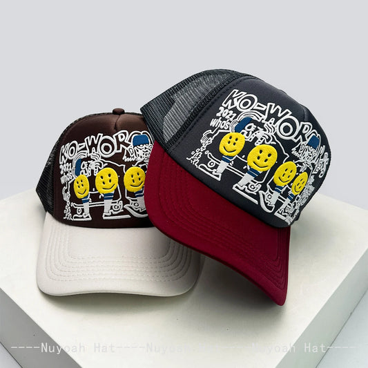 3D Printed Letter Smiling Face Baseball Hats Color Block Sunshade Hip Hop Breathable Trucker Caps Mesh
