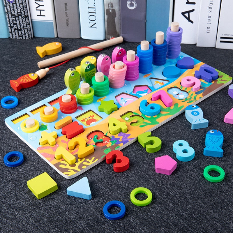 Montessori Educational Wooden Math Toys Children Busy Board Count Shape Colors Match Fishing Puzzle Learning Toys Gifts