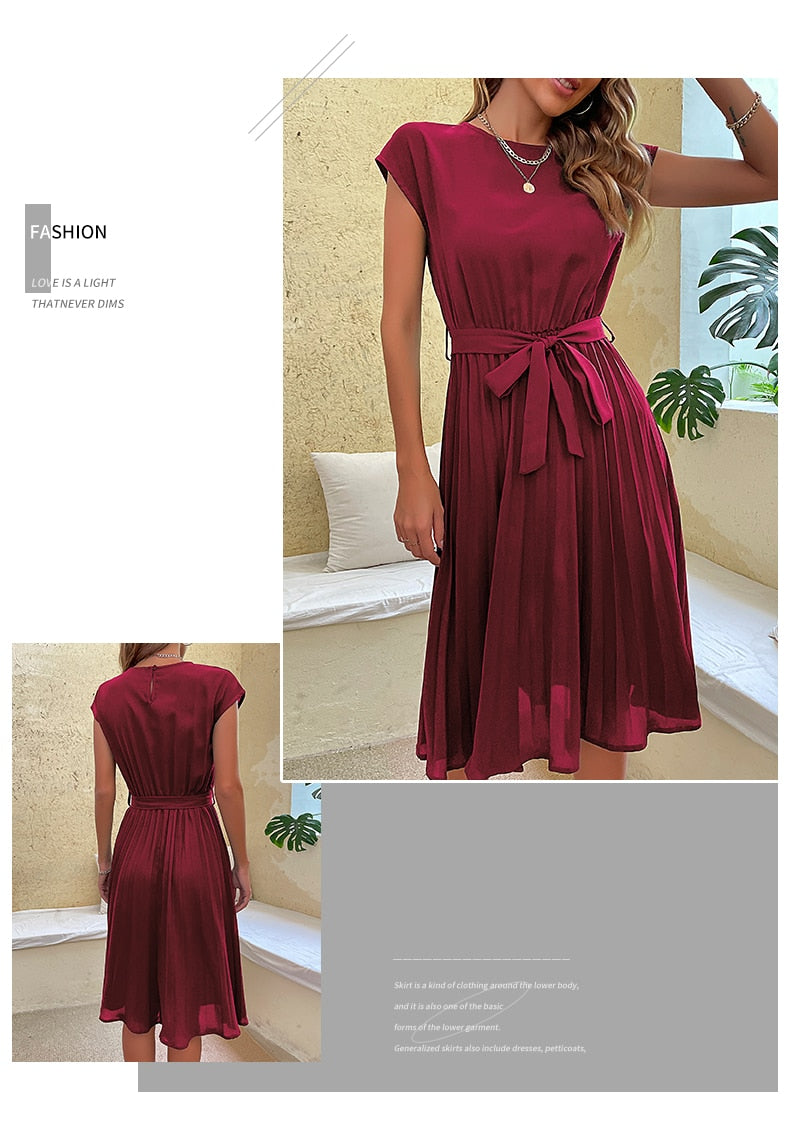 Elegant Women Summer Casual Beach Sundress Short Sleeve Pleated Midi Dress Soild Colour O Neck Tunic Dresses Fashion