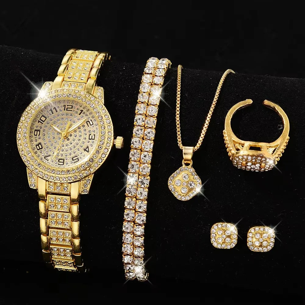 Gold Watch Fashion Ladies Quartz Diamond Wristwatch Elegant Female Bracelet Watches Set Reloj Mujer